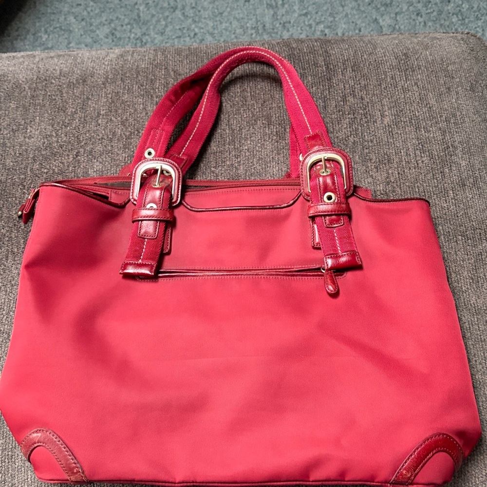 Tumi Stylish Red Shoulder Tote Bag with Buckle Accents